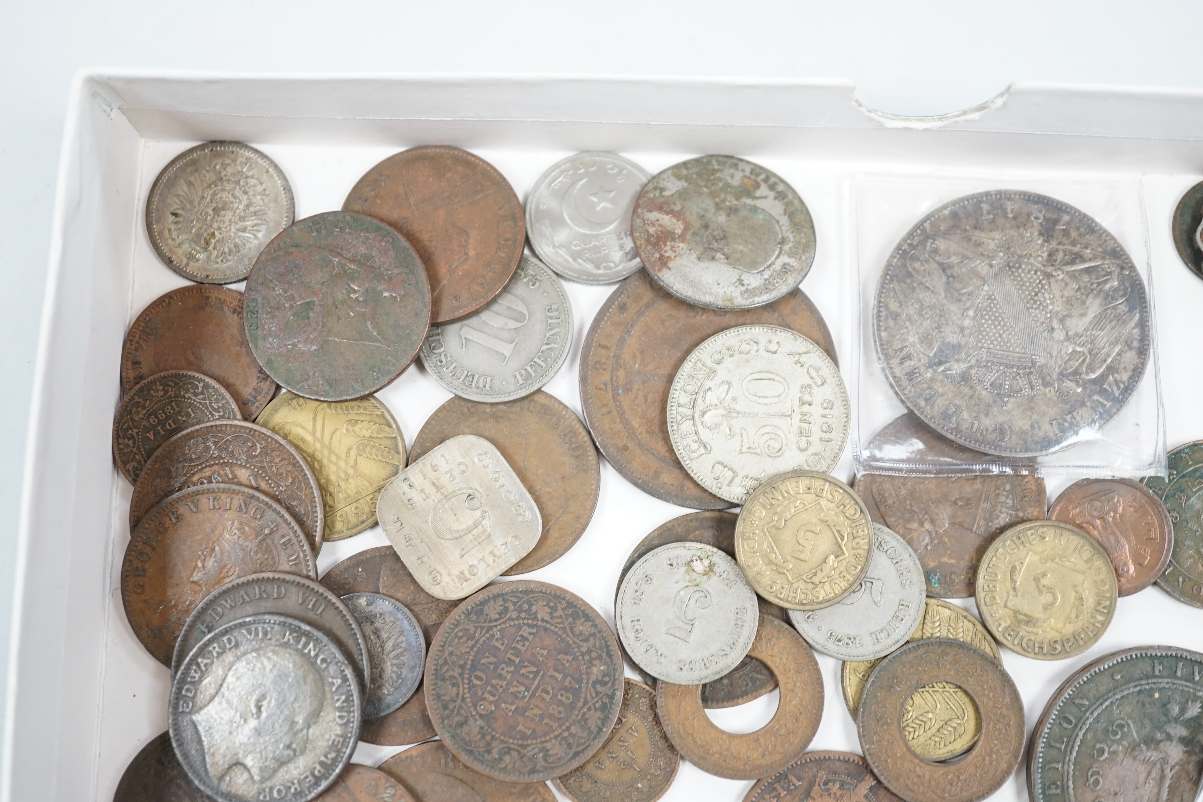 A collection of coins including an Elizabeth I shilling, a Baden zwei Gulden 1847, halfcrown 1816 etc.